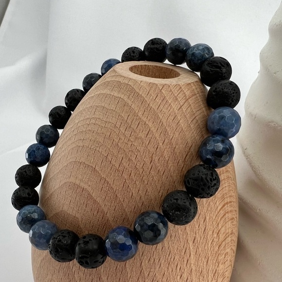 BLUE Dumortierite Quartz and Lava Stone Stretch Beaded Bracelet - Picture 4 of 14
